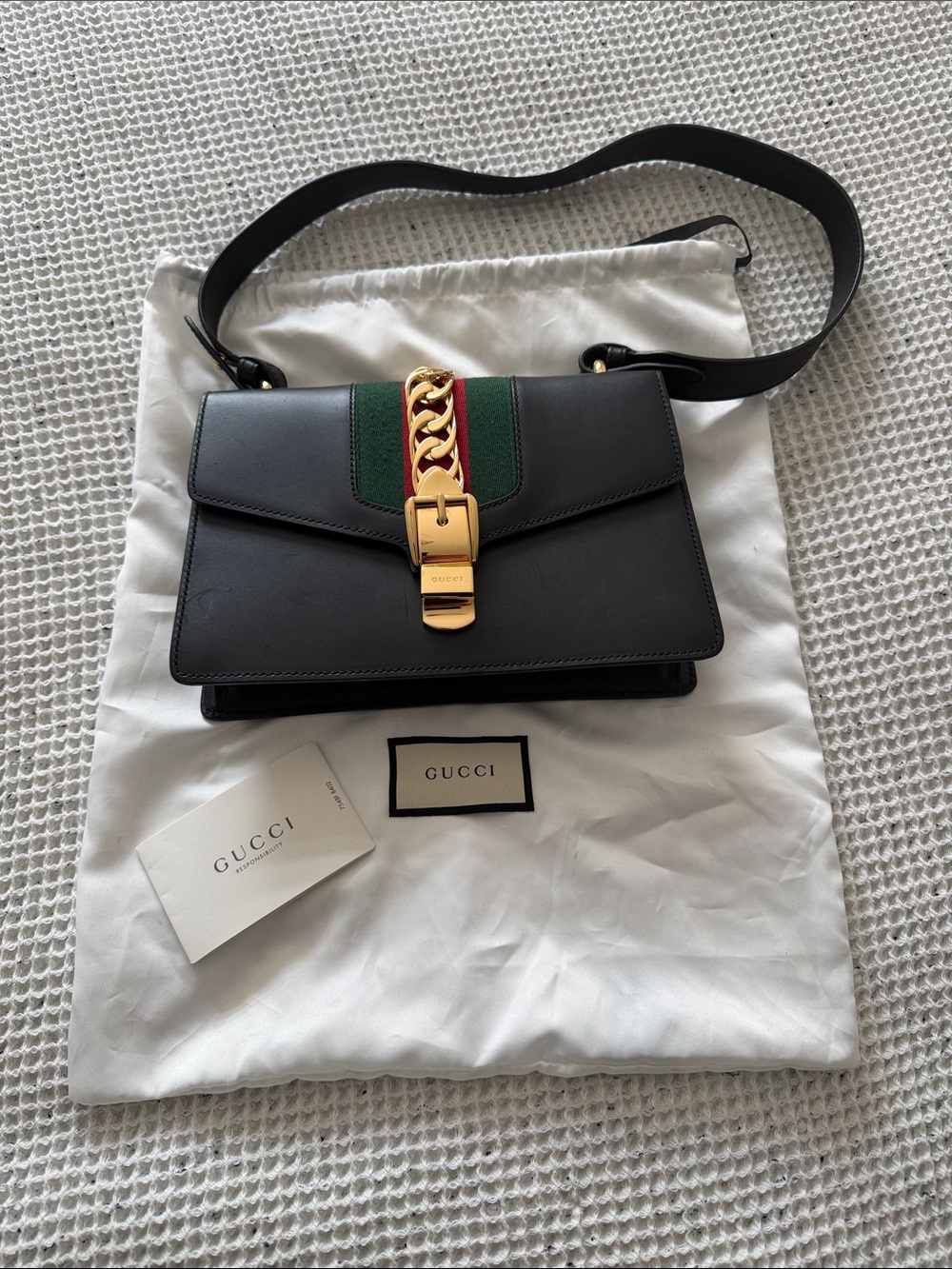 Gucci Black Leather Crossbody with Green-Red Web and Gold Chain Buckle
